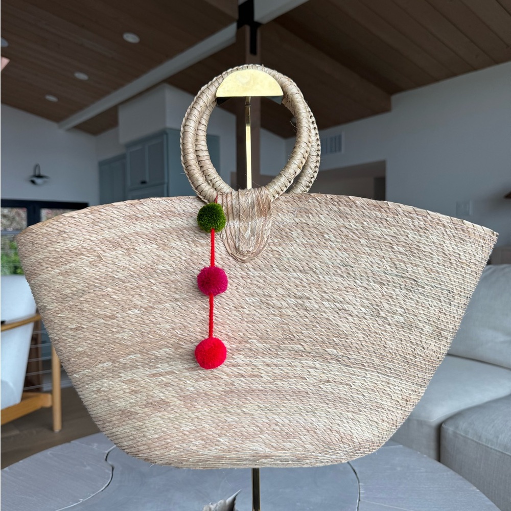 Handcrafted Tan Straw Tote Bag with Pom Poms
